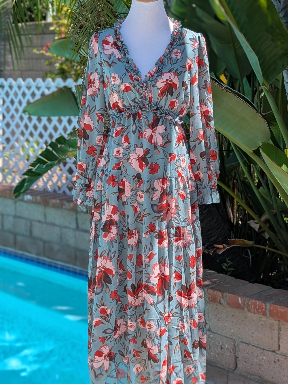 Amazon Sage Green Floral Tiered Maxi Dress with Red and Pink Blooms